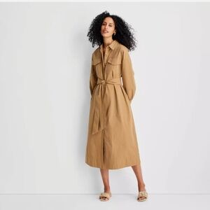 Future Collective Long Shirtdress With Belt Tan Size XS DRESS MAXI Or Midi
